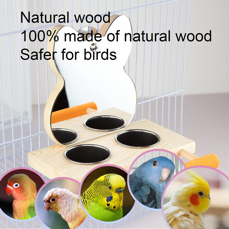 PANQIAGU Parrot Mirror Toy with Stainless Steel Feeding Cups Bird Wooden Frames with Cage Perch for Small Parakeets, Cockatiels, Conures, Finches,Budgie,Macaws, Parrots, Love Birds - PawsPlanet Australia