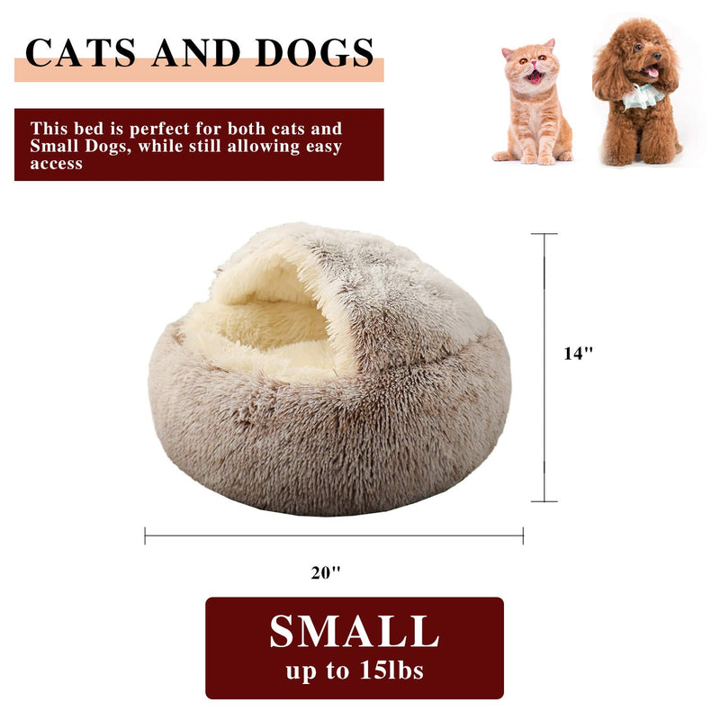 MIEMIE Cat Bed Round Soft Plush Burrowing Cave Hooded Cat Bed Donut for Dogs & Cats, Faux Fur Cuddler Round Comfortable Self Warming pet Bed, Machine Washable, Waterproof Bottom, Small, Coffee S(20"x20") - PawsPlanet Australia