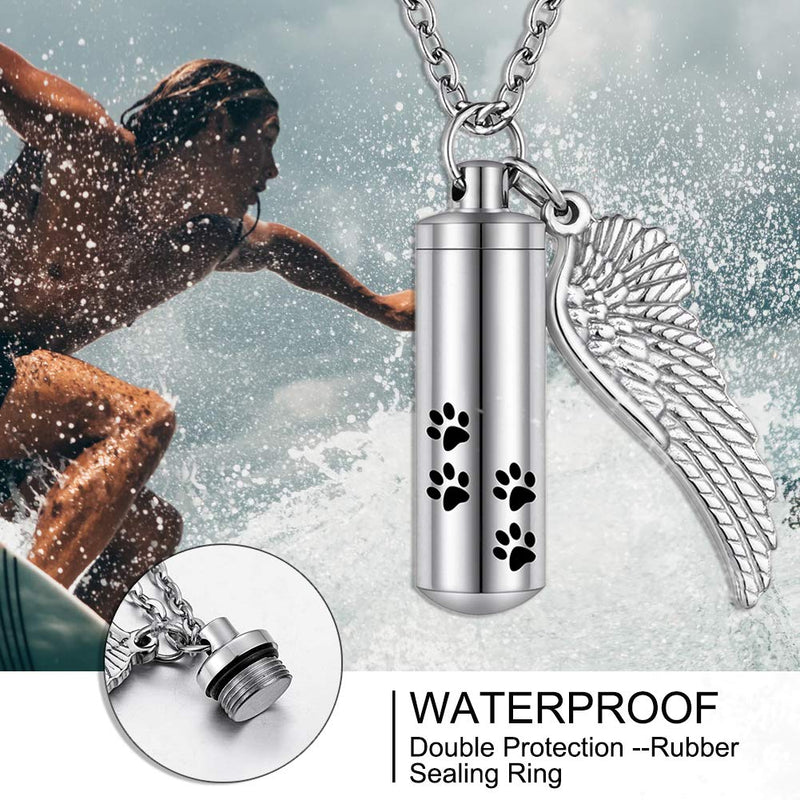 abooxiu Cylinder Cremation Necklace for Pet Ashes Urn Necklace with Angel Wing Pet Paw Ashes Necklace for Dog/Cat Pet Memorial Keepsake Jewelry Silver M No-engraving - PawsPlanet Australia