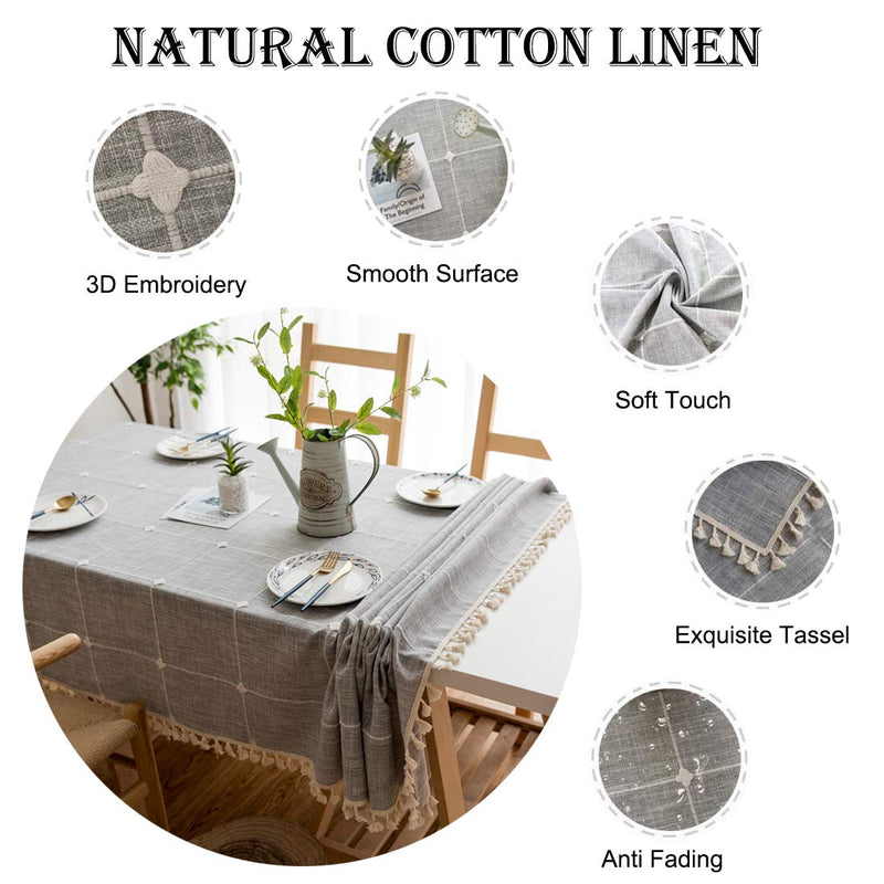 BUBIQUER Stitching Tassel Tablecloth, Cotton Linen Fabric Wrinkle Free Anti-Fading Dust-Proof Washable Tabletop Decoration for Kitchen Party (Checked, 55 x 55 inch Round) Grey 55 in Round - PawsPlanet Australia