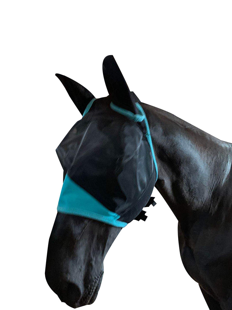 TGW RIDING Horse Mask with Ears Fine Mesh Warmblood Black/Turquoise - PawsPlanet Australia