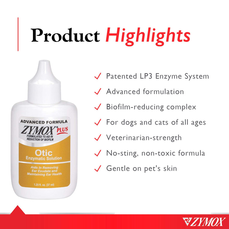 Zymox Advanced Formula Otic Plus Enzymatic Ear Solution for Dogs and Cats Without Hydrocortisone, 1.25oz - PawsPlanet Australia