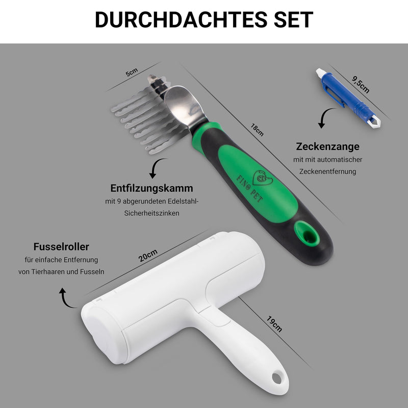 FinoPet set of 3 de-matting comb as dog comb/cat comb, XL lint roller and tick tweezers, de-matting rake/comb for all animal sizes, animal hair remover, automatic tick removal - PawsPlanet Australia