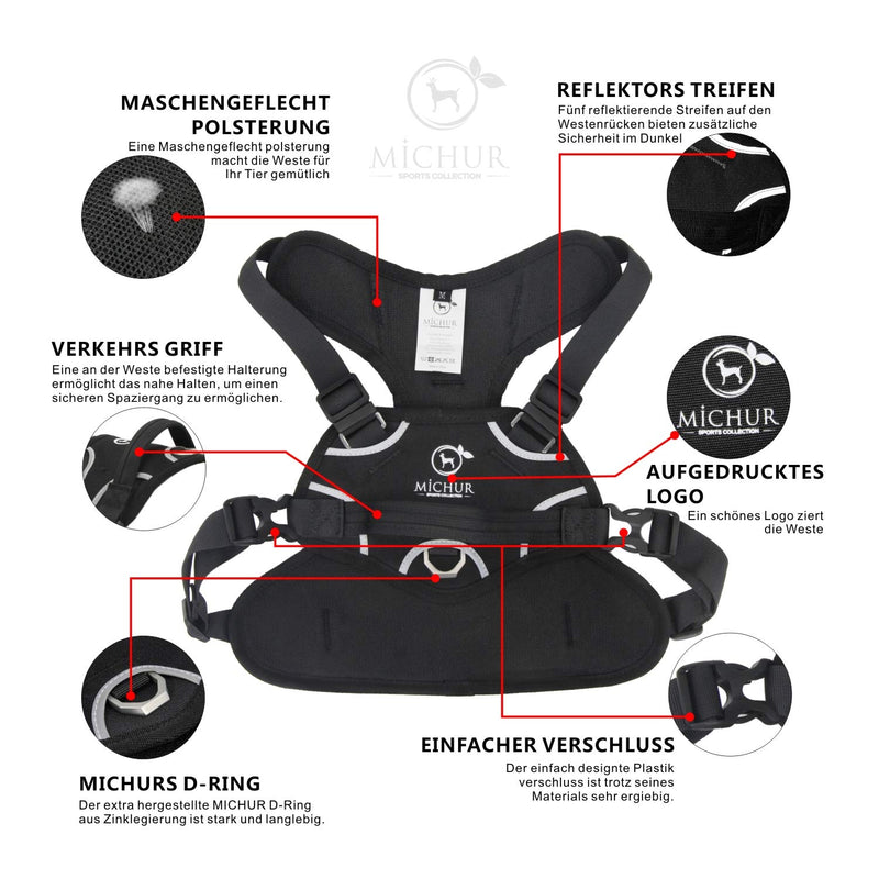 Michur Rocky Black Harness, life jacket, dog vest, dog harness medium small large, with Neopren, reflective strong Chest circumference 35.28-40.95" - PawsPlanet Australia