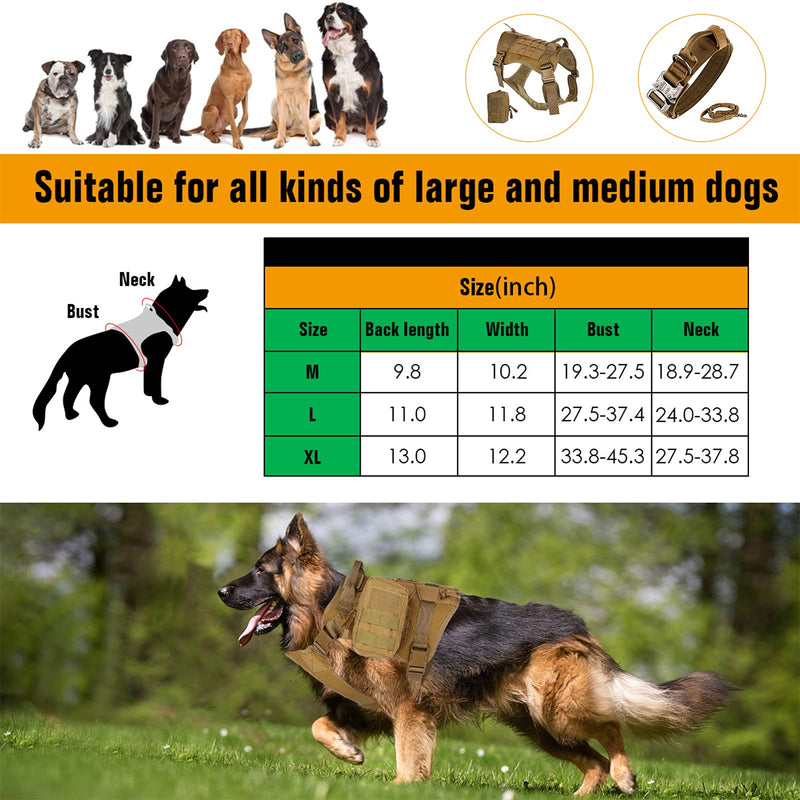 Pruk Tactical Dog Harness Set, K9 Dog Harness Military Dog Vest Collar Leash with Molle Pouch and Patch, No Pull Tactical Dog Vest for Large Dog, Service Dog Harness for Training Hiking(Khaki, M) Khaki M(Neck: 19"-29", Bust: 19"-27") - PawsPlanet Australia