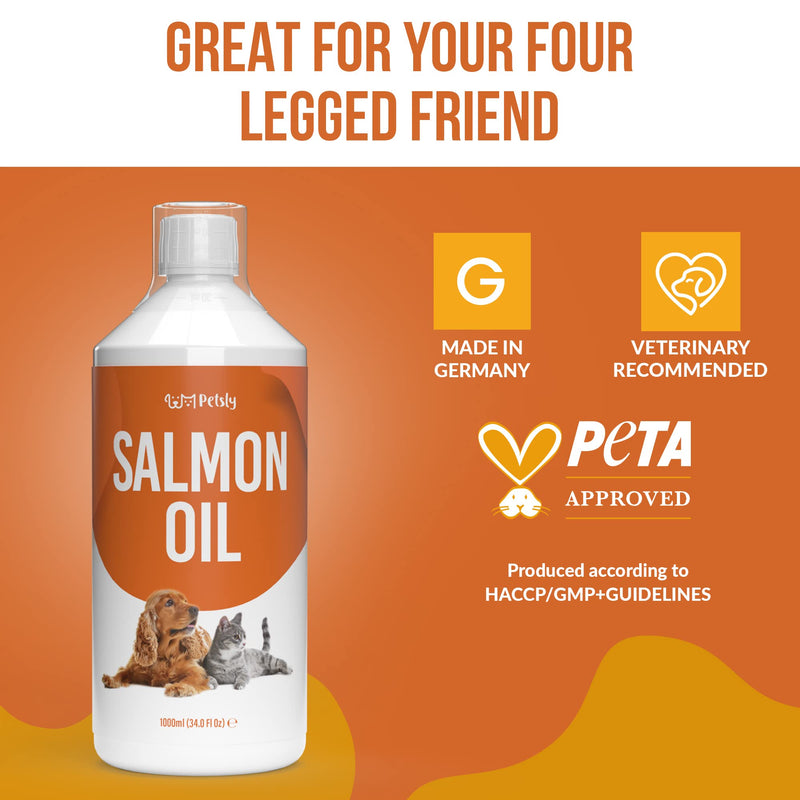 PETSLY Premium Salmon Oil Dog & Cat Care - nutrient-rich salmon oil for dogs and cats Makes your four-legged friend's fur supple and soft with Omega 3, salmon oil for cats, fish oil for dogs (1000ml) 1000ml - PawsPlanet Australia