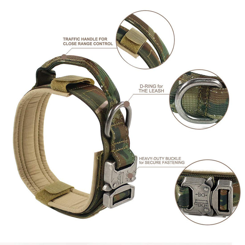 VOLJEE Adjustable Tactical Dog Collar, Military Training Dog Collar 1.5" Width Nylon Heavy Duty Metal Buckle with Handle for Medium and Large Dogs (Camo-L) L Camo - PawsPlanet Australia