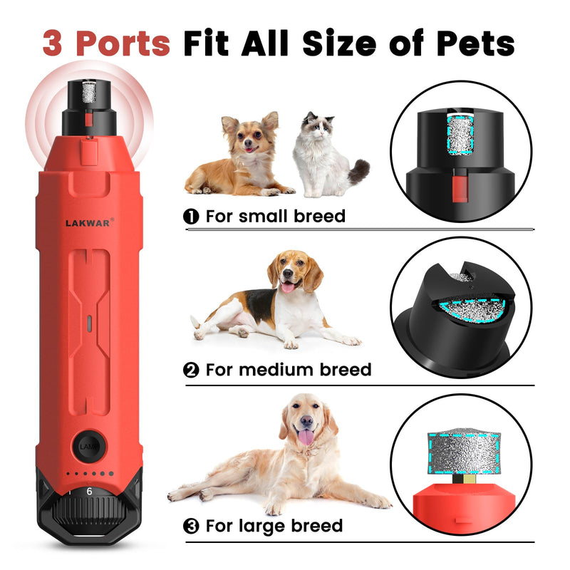 LAKWAR Upgraded 6 Speed Dog Nail Grinder with 2 LED Lights, Quiet Painless Powerful Pet Nail Trimmer for Dogs, Electric Nail File for Cats and Large Small Red - PawsPlanet Australia