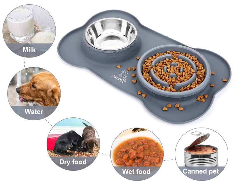[Australia] - Pecute Dog Bowl Slow Feeder Bloat Stop Pet Bowl Fun Feeder Eco-Friendly Non-Toxic No Choking Healthy Design Bowl with No-Spill Non-Skid Silicone Mat Stainless Steel Water Bowl for Dogs Cats and Pets Grey Bowl 