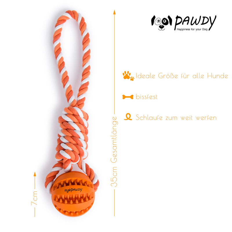 PAWDY dog rope with ball for fun and dental care - Robust dog toy for medium & large dogs - Chew toy with nubs made of natural rubber - Ball rope throwing toy for dogs (orange) Orange - PawsPlanet Australia