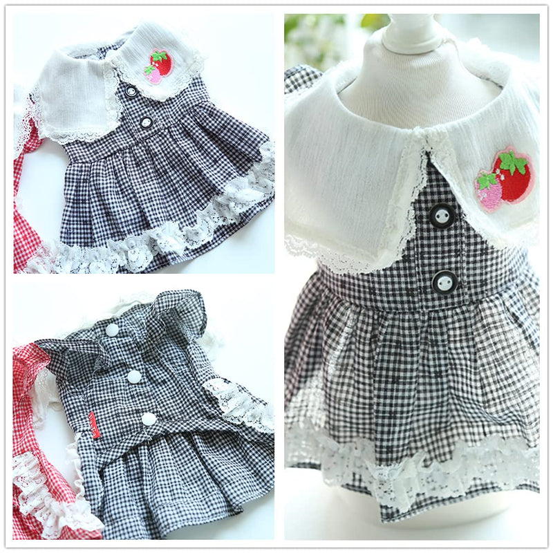 Hdwk&Hped Spring Summer Small Dog Dress Cute Strawberry Plaid Skirt for Small Dog Cat Puppy Black #1 - PawsPlanet Australia