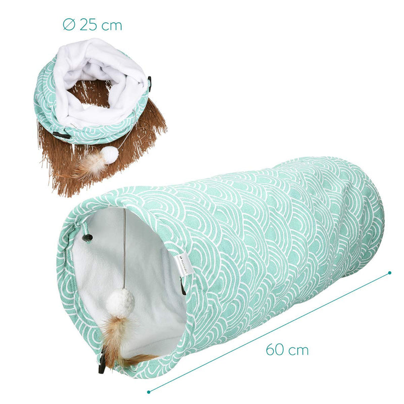 Navaris Cat Tunnel Toy - Indoor and Outdoor Hideout Tube with Ball Toy - Pet Play Tunnel for Cats, Kittens, Rabbits with Soft Fleece and Print Design Turquoise - PawsPlanet Australia