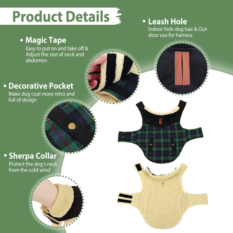 CITÉTOILE Warm fleece dog coat, winter coat, winter jackets for small/large/medium dogs, dog jacket, dog clothes, dog sweater with harness hole, Chihuahua coat for outdoor indoor, L Large green-black checked - PawsPlanet Australia