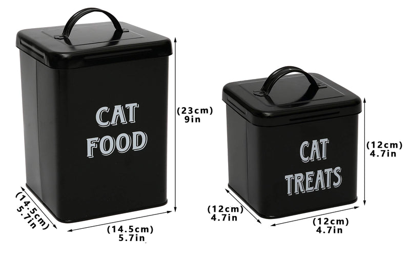 Pethiy cat Food and Treats Containers Set with Scoop for cats-Vintage White Powder-Coated Carbon Steel - Tight Fitting Lids - Storage Canister Tins Small-Black Black - PawsPlanet Australia