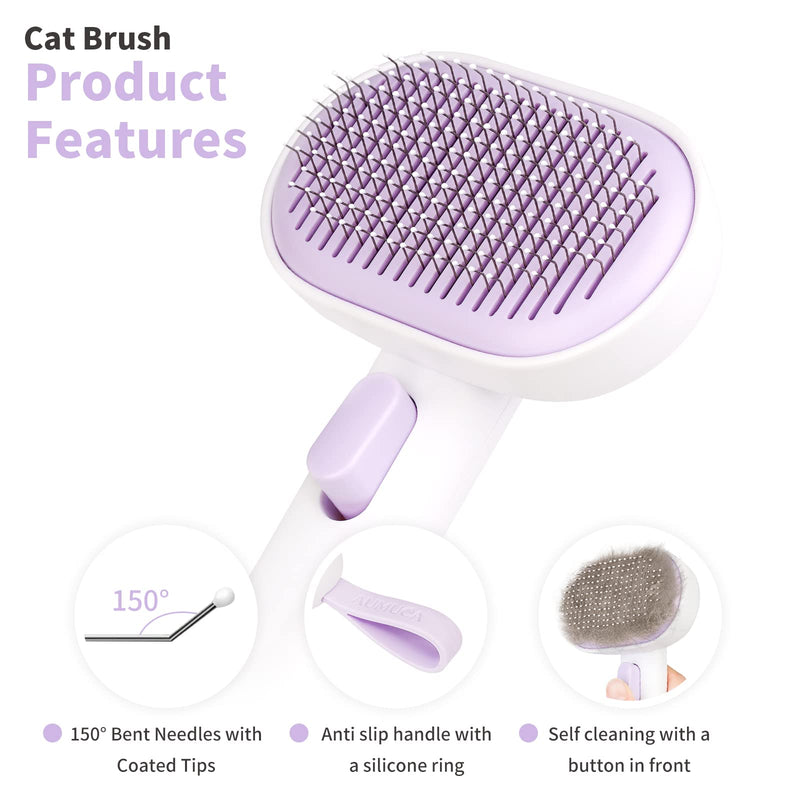 Cat brush short hair, aumuca cat brush, cat hair brush pet brushes, self-cleaning fur brush cat for long hair and short hair Removes loose hair, mats and matted hair (purple） purple - PawsPlanet Australia