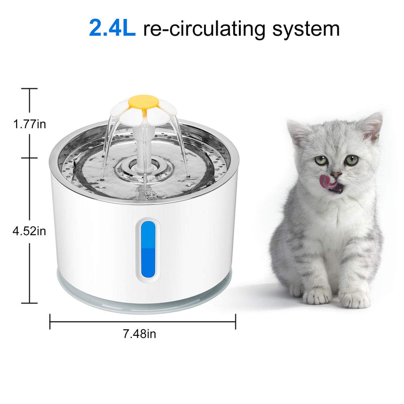 Chasehill Cat Dog Water Fountain, Ultra Quiet Water Level Window with LED Light, Stainless Steel Top 2.4L Water Drinking Fountain Pet Dispenser, 2 Packs Replacement Filters - PawsPlanet Australia