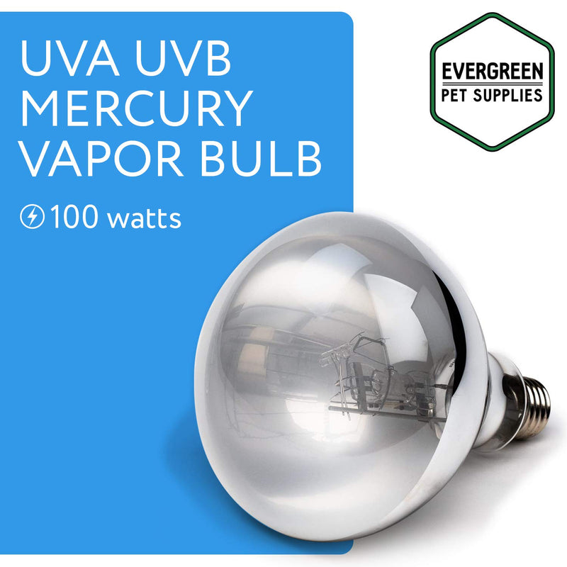100 Watt UVA UVB Mercury Vapor Bulb / Light / Lamp for Reptile and Amphibian Use - Excellent Source of Heat and Light for UV and Basking - by Evergreen Pet Supplies - PawsPlanet Australia