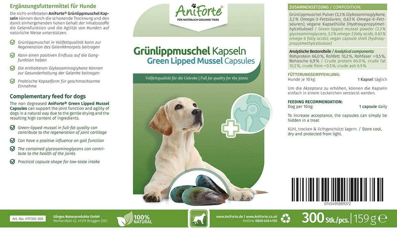 AniForte Green Lipped Mussel for Dogs and Cats 500mg x 300 Capsules - 100% Natural Joint Supplement with Glucosamine, Lipids, Omega-3 Fatty Acids, Minerals and Amino Acids - PawsPlanet Australia