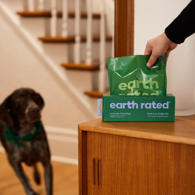Earth Rated Dog Poop Bags, New Look, Thick Grab & Go Single Roll, Ideal for Collecting in the Garden, Lavender Scent, 300 Bags Lavender - PawsPlanet Australia
