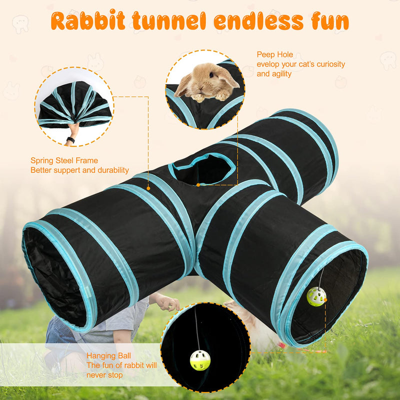 BWOGUE Bunny Tunnels & Tubes Collapsible 3 Way Bunny Hideout Small Animal Activity Tunnel Toys for Dwarf Rabbits Bunny Guinea Pigs Kitty Blue - PawsPlanet Australia