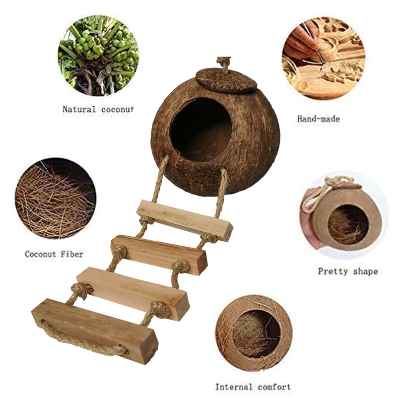 Tfwadmx Coconut Hide with Ladder, Natural Coconut Fiber Hanging Birdhouse Cage, Coconut Bird Shell Breeding Nest for Parrot Parakeet Lovebird Finch Canary (2 Pcs) 1PCS - PawsPlanet Australia