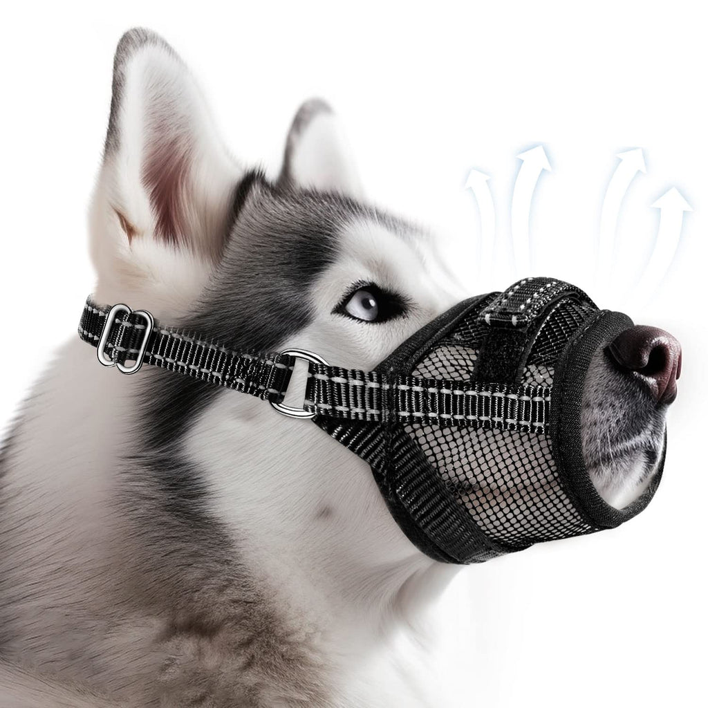 Eyein Muzzle for Large Dogs, Adjustable Dog Muzzle with Breathable Air Mesh, Reflective Muzzle with Connecting Strap, Prevents Biting, Barking and Chewing, Black, L - PawsPlanet Australia
