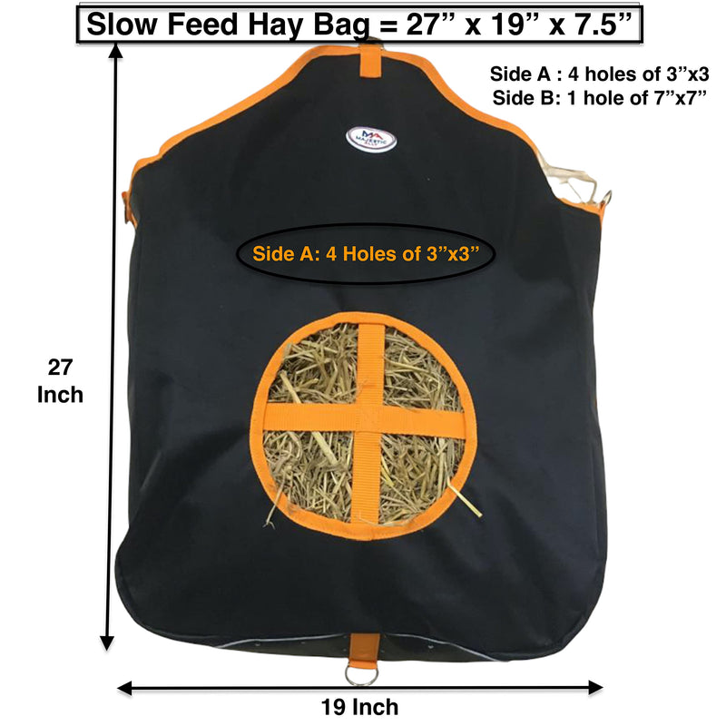Majestic Ally Nylon Hay Feeder Tote Bag for Horse, Goat, Sheep - Double Sides Open Feed Hole with Faux Leather Ventilated Bottom- Premium Quality -Simulates Grazing - Reduces Waste BLACK - PawsPlanet Australia