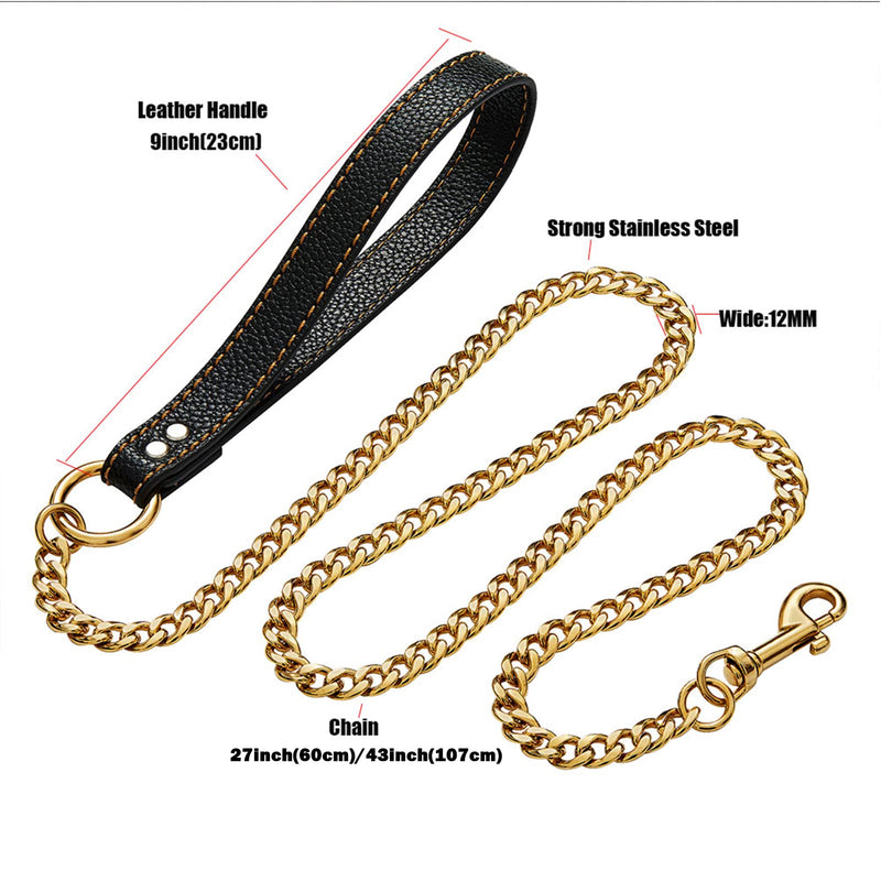 Rose Gold Chain Dog Leash,12MM Width Rose Gold Plated Strong Stainless Steel NK Link Chain with PU Leather Handle,Metal Leash for Small Medium,Large Dogs 3ft(36 inch) - PawsPlanet Australia