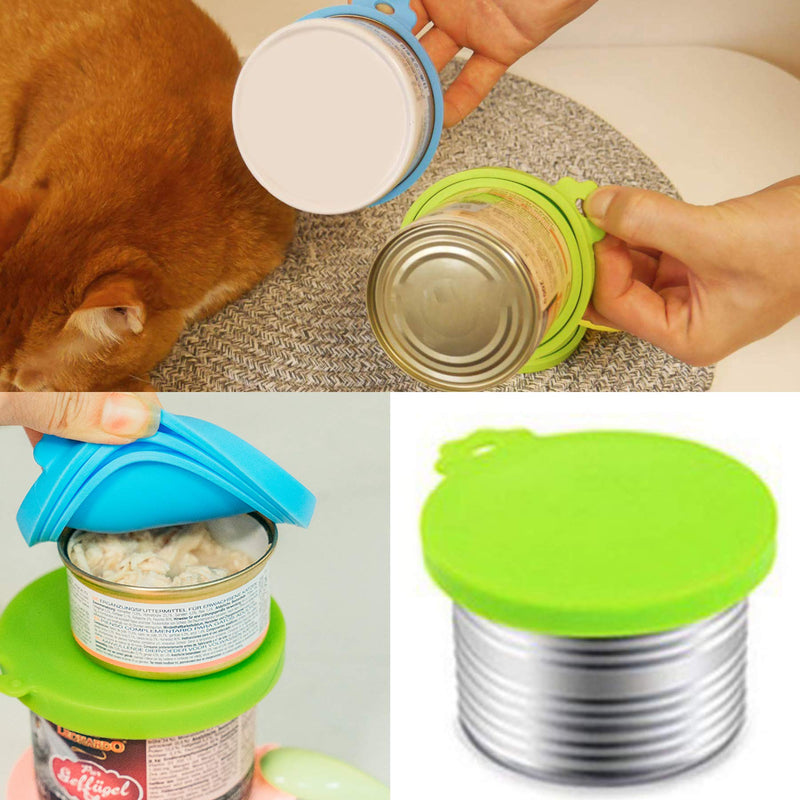 WOHENI 2 Pack Pet Food Can Cover, Universal Silicone Cat Dog Food Can Lids 1 Fit 3 Standard Size Can Tops, Fits Most Standard Size Dog and Cat Can Tops with 2 Spoons (Green, Blue) - PawsPlanet Australia