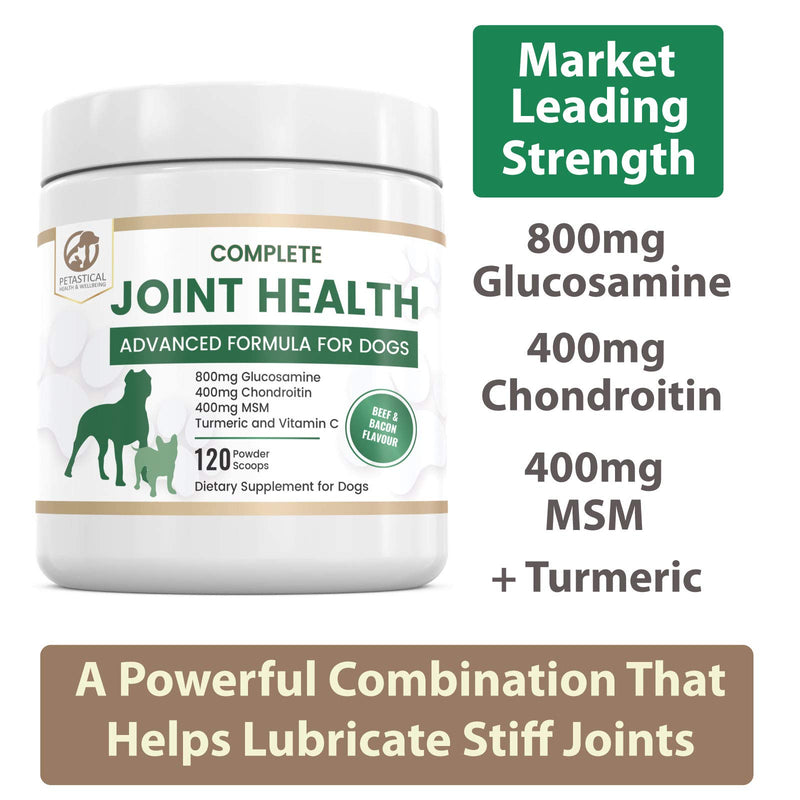 Petastical Dog Hip Joint Care Supplements, 800mg Glucosamine, 400mg Chondroitin, 400mg MSM with Added Turmeric, 120 Powder Scoops, Made In USA - PawsPlanet Australia