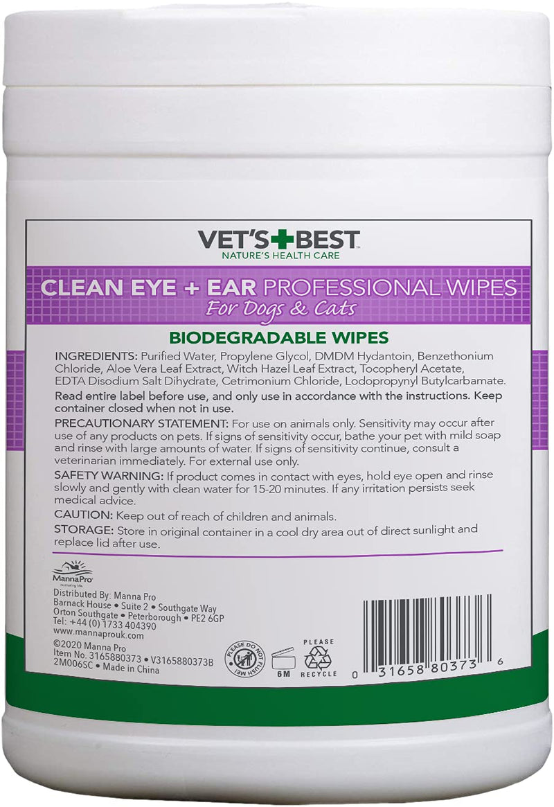 Vet's Best Clean Eye and Ear Biodegradable Professional Wipes for Dogs and Cats, Pack of 160 - PawsPlanet Australia