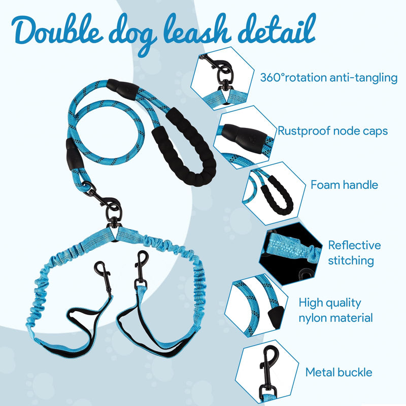 Double Lead Dog Lead for 2 Dogs, Dog Lead Medium Dogs with Soft Non-Slip Handle Reflective Anti Tangle Lead for Small and Medium Dogs for Walking Jogging (Blue) - PawsPlanet Australia