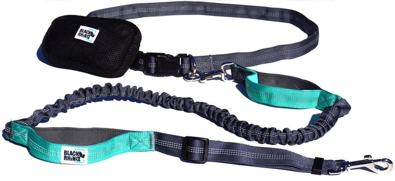 [Australia] - Black Rhino - Premium Hands Free Dog Leash for Running Walking Jogging & Hiking - Adjustable Length Dual Handle Bungee Leash Medium – Large Dogs Neoprene Padded Handles 4 Feet Gray/Aqua 