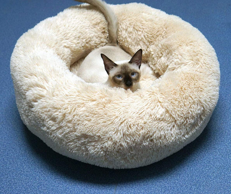 BODISEINT Modern Soft Plush Round Pet Bed for Cats or Small Dogs, Mini Medium Sized Dog Cat Bed Self Warming Autumn Winter Indoor Snooze Sleeping Cozy Kitty Teddy Kennel (S(19.7”Dx7.9 H, Champagne) S(19.7"Dx7.9"H) - PawsPlanet Australia