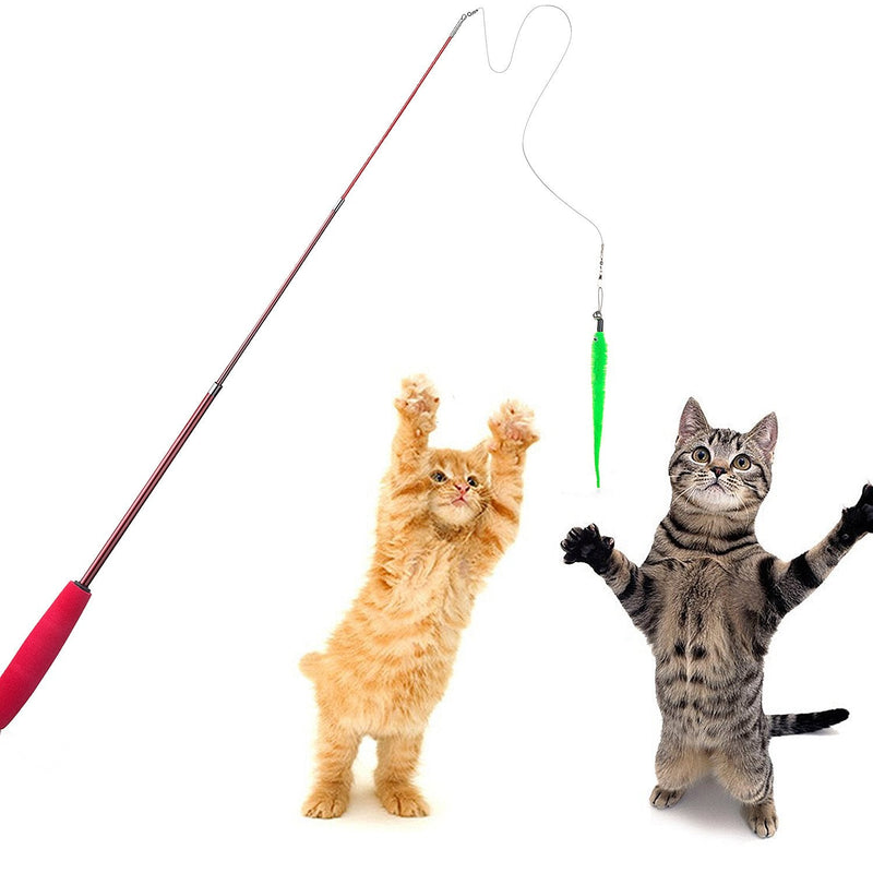 Diealles Interactive Cat Toy, Retractable Natural Feather Rod Cat Toy with 5 Cat Fishing Rod Replacement Worm Cat Toy - PawsPlanet Australia