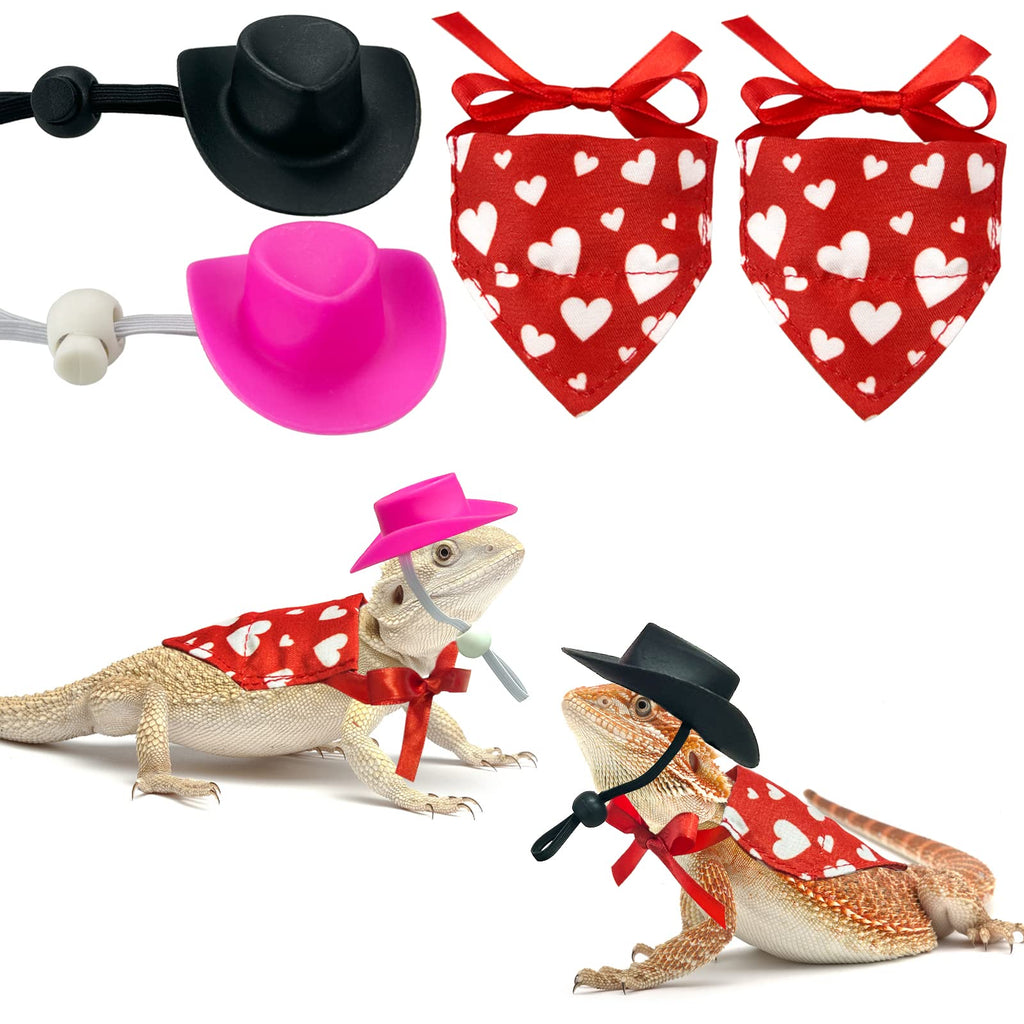 Vehomy 4Pcs Valentine's Day Bearded Dragon Outfit Bearded Dragon Cowboy Hat & Lizard Bandana Small Pet Love Heart Scarf Cowboy Costume Accessories for Lizard Hamster Leopard Gecko - PawsPlanet Australia