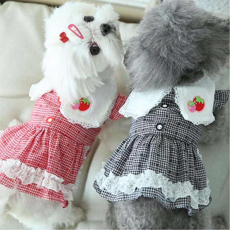 Hdwk&Hped Spring Summer Small Dog Dress Cute Strawberry Plaid Skirt for Small Dog Cat Puppy Black #1 - PawsPlanet Australia