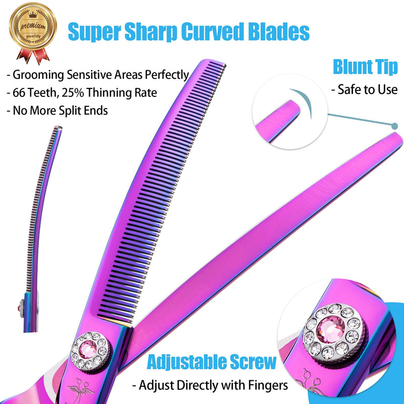 7 Inch Downward Curved Dog Grooming Scissors Thinning Texturizing Shears Professional Safety Blunt Tip Trimming Shearing for Dogs Cats Face Paws Limbs Japanese Stainless Steel Purple, Yellow - PawsPlanet Australia