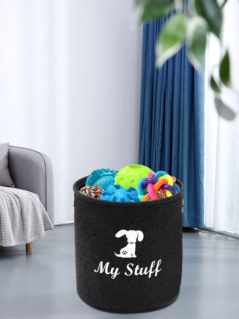 Morezi Round felt pet toy storage, dog toy bin, basket chest organizer with metal handles - perfect for organizing pet toys, blankets, leashes and food - Dark Grey - PawsPlanet Australia