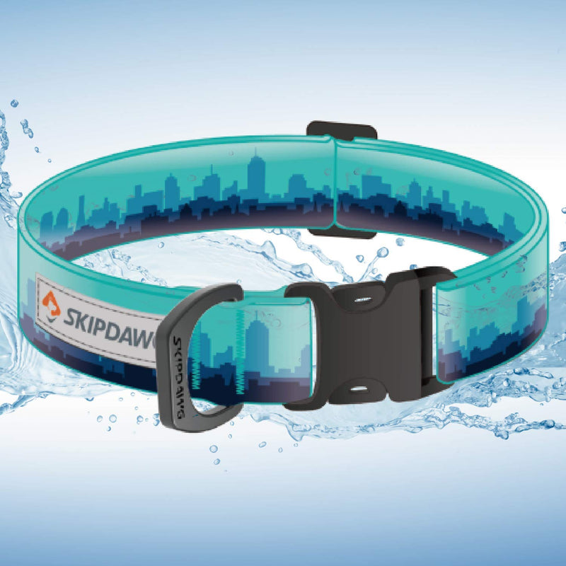 [Australia] - SKIPDAWG Waterproof Dog Collar Print| Heavy Duty PVC Dog Collar with Buckle| Easy to Clean| Adjustable Dog Collar for Puppy and Small,Medium and Large Size Dogs M, Neck 14"-20" Lake Blue 