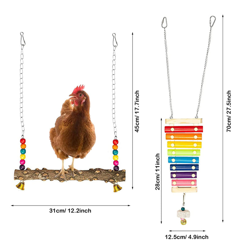 NA Allazone 5 PCS Chicken Toys for Hens Chicken, Colorful Chicken Swing Toys Swing Perch Stand, Chicken Vegetable Hanging Feeder, Chicken Mirror Toy with Bell for Chicks Hens Parrot Bird - PawsPlanet Australia