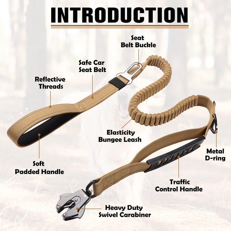 LIIIIIIKES Heavy Duty Dog Leash, Adjustable Dog Leash With Car Seat Belt, 4-6FT Power Stretch Dog Leash, Heavy Duty Tactical Load Bearing Connector Quick Release/Clamp Dog Collar, Reflective Stitching for Improved Visibility Army Green - PawsPlanet Australia