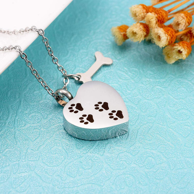 [Australia] - Cat Eye Jewels Stainless Steel Black Paw Print Pendant Pet Cremation Keepsake Ash Holder Memorial Urn Necklace for Ashes with Funnel Kit Heart with Paw Print 