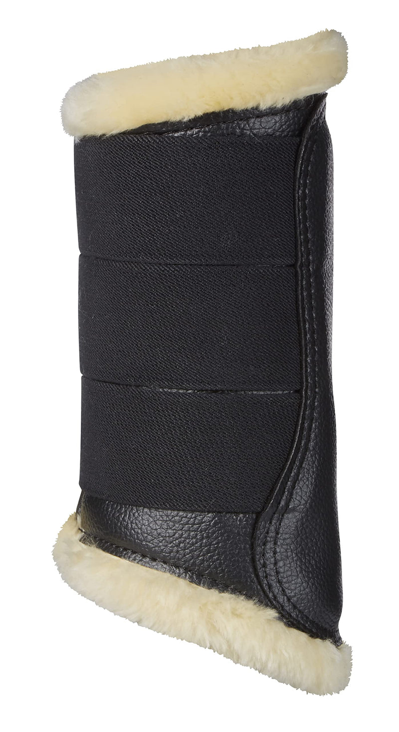 LeMieux Fleece Lined Horse Boots with Grained Faux Leather & Diamond Shaped Top Strap for Schooling, Turnout, Warming Up, Riding - M Black / Natural - PawsPlanet Australia