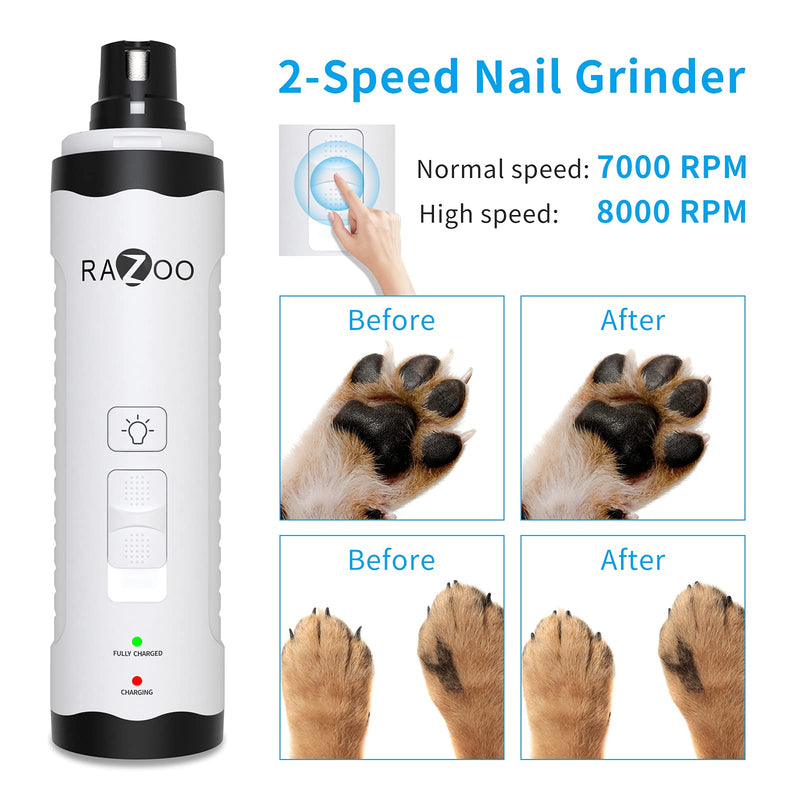 Razoo Dog Nail Grinder, Upgrade 2-Speed LCD Nail Clippers for Dogs, Rechargeable with Low Noise and Painless Dog Nail Grinder for Large Dogs & Cats, White Double Light Medium - PawsPlanet Australia
