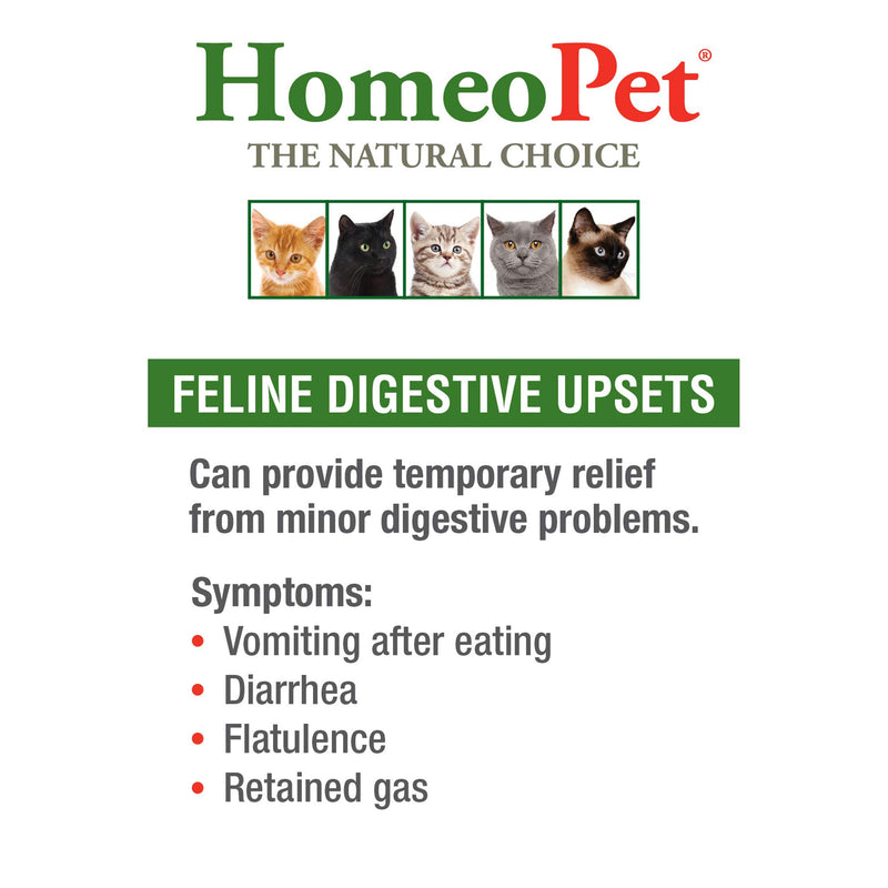 HomeoPet FELINE DIGESTIVE UPSETS - 100% Natural Pet Medicine. Digestive problems such as vomiting after eating, diarrhoea, flatulence and retained gas. Cats of all ages. 15ml/up to 90 doses per bottle - PawsPlanet Australia