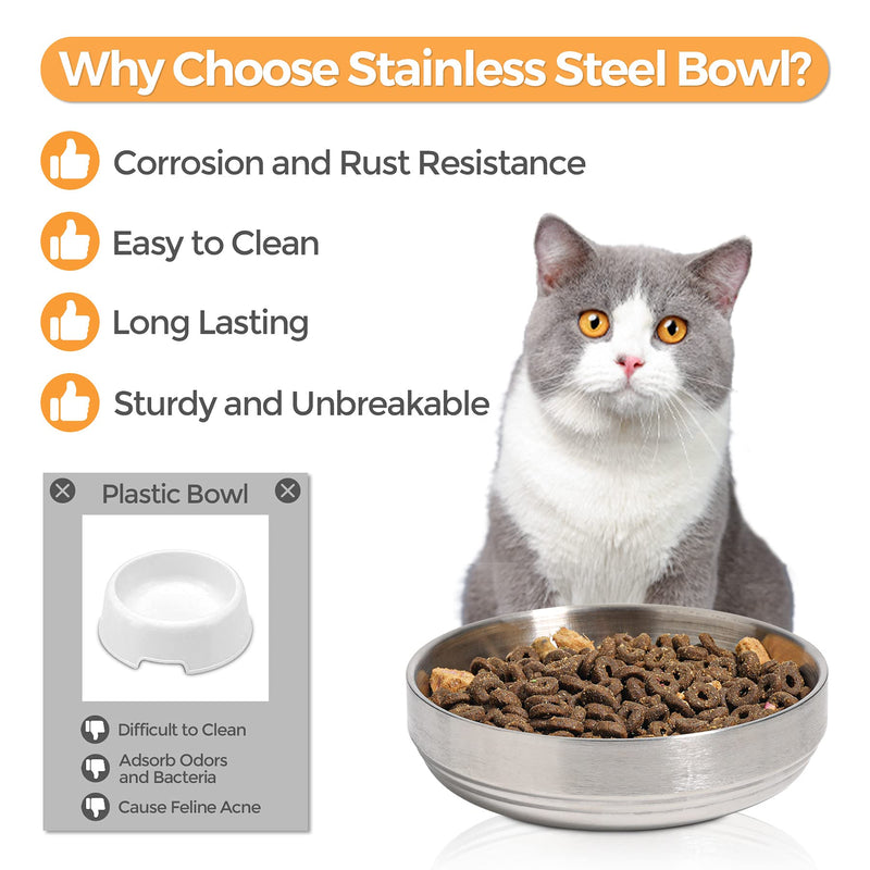 ComSaf Food Grade 304 Stainless Steel Cat Bowl Set of 2, Shallow and Wide Metal Cat Food Water Feeder, Durable Double Layer Pet Feeding Dishes for Kitten, Puppy, Whisker Stress Free, Dishwasher Safe - PawsPlanet Australia