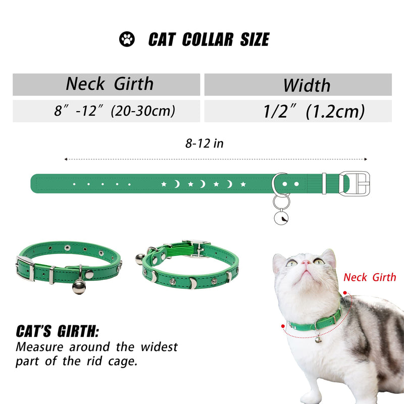 DAIHAQIKO Leather Cat Collar with Bell Cat Collar with Diamond Star Moon Green - PawsPlanet Australia