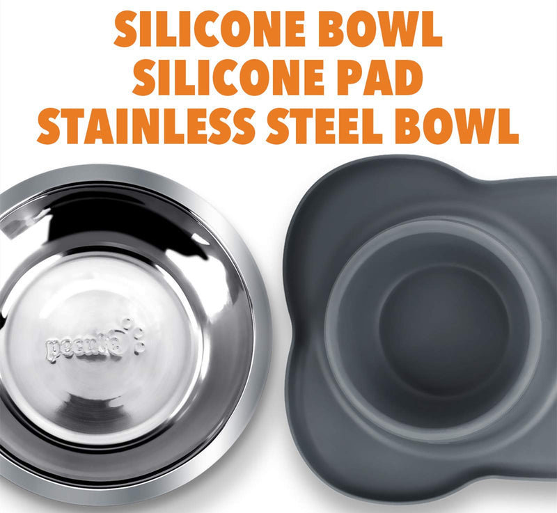 pecute Dog Bowls Non Slip, Stainless Steel Double Bowls Set with Non-Spill Silicone Mats Tray for Cats Puppies Small Dogs Water Food Feeding (14oz Each Bowl, Grey) M(400ml/bowl) - PawsPlanet Australia
