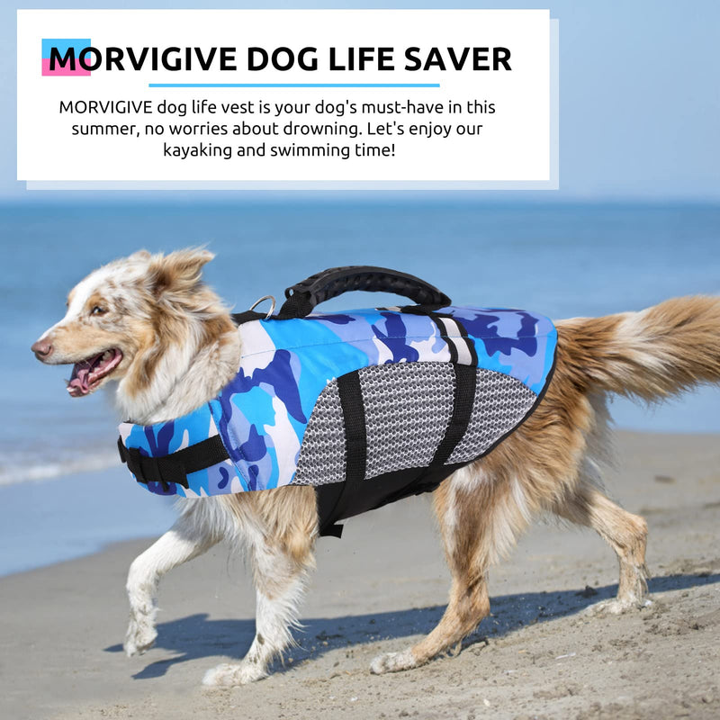 MORVIGIVE Camo Dog Life Jacket, Ripstop Dog Life Vest Float Coat with Superior Buoyancy & Rescue Handle, Adjustable Puppy Swimming Vest Pet Life Preserver for Small, Medium, Large Dogs Blue - PawsPlanet Australia